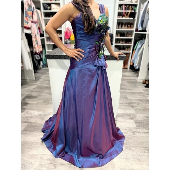 Precious Formals Purple Peacock Taffeta Y2K Formal Gown $420 - Picture 11 of 12